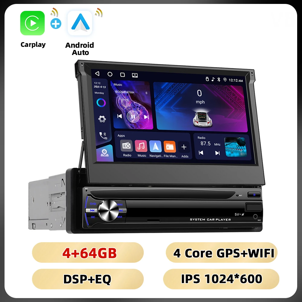 Podofo Intrekbaar Scherm Autoradio 7 ''1Din Android Autoradio 4 + 64G Carplay Android Auto Bluetooth WIFI GPS FM/RDS Autoradio