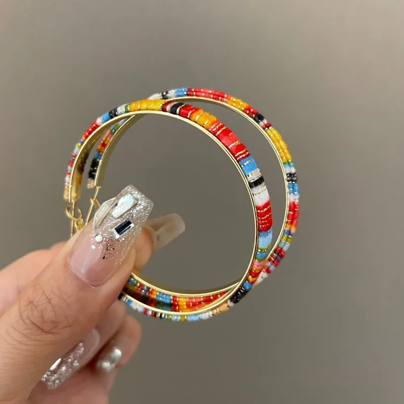 Bohemian Rainbow Big Circle Earrings Female Internet celebrity Summer Sweet Cool Fashion Colored Circle Earrings Earrings