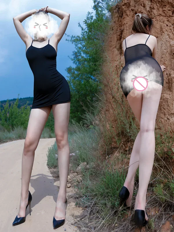 Miniskirt Sexy Back Transparent Outdoor Exposed Lusterless Suspender Ultra Thin Super Elastic Tight Dress Elegant Korean 4P71