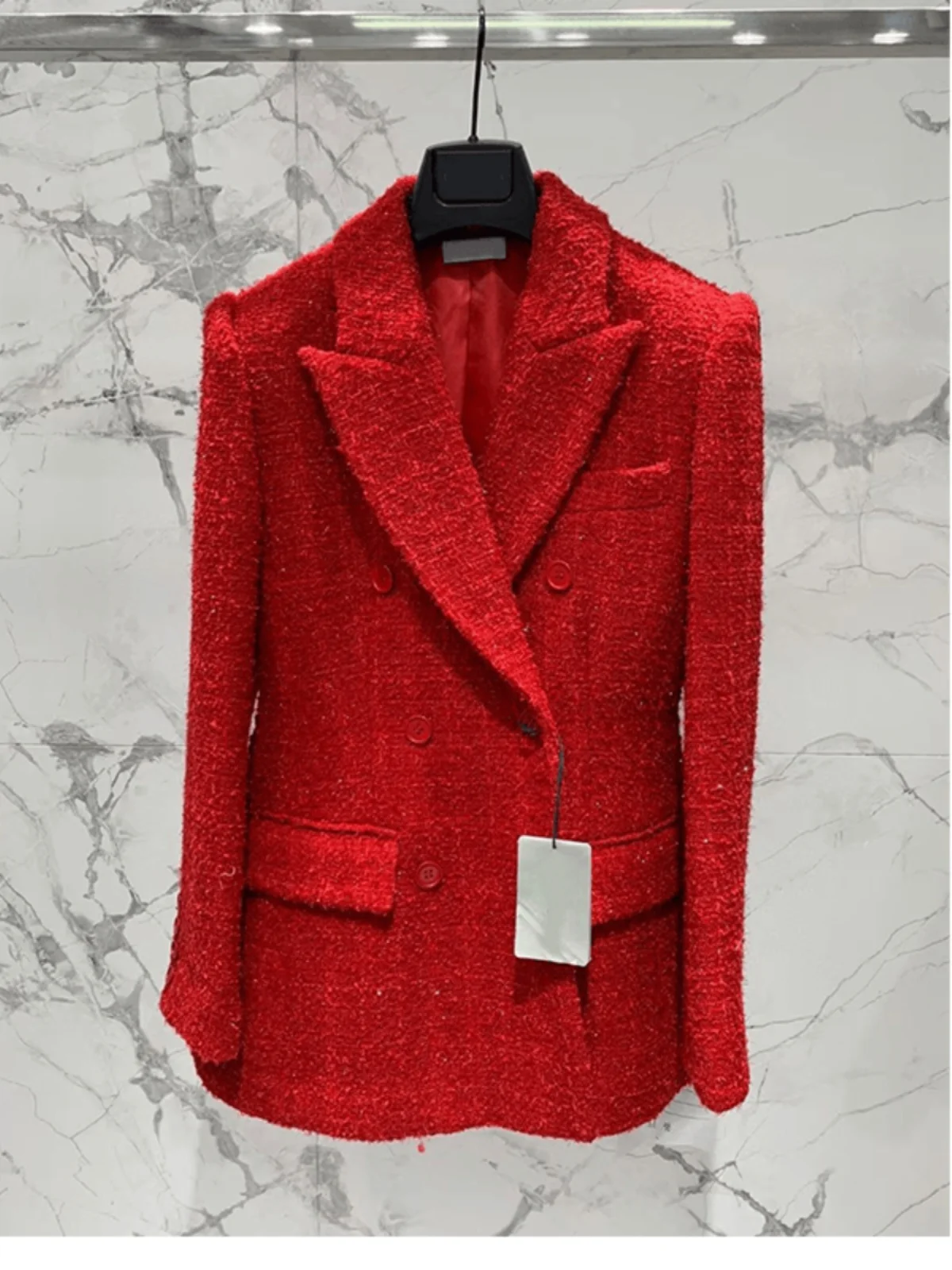 

Ele Red Tweed Suit Jaet Women's Double-breasted Autumn New Sle Commute Sle Slim Fit Long Sve Pure Color