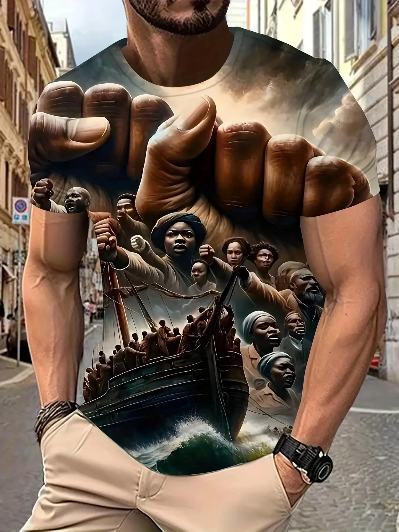 Men's Crew Neck Short Sleeve T Shirt 3D Black History Fist Slave Ship Freedom Figure Print Human Rights Casual Tops