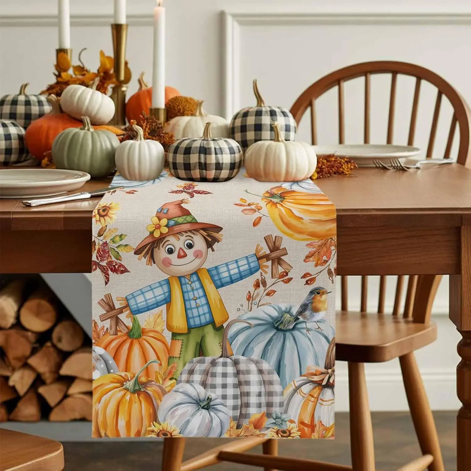 

Fall Harvest Pumpkin Straw Man Table Runner Thanksgiving Decoration Washable Autumn Kitchen Dining Table Runner for Table Decor