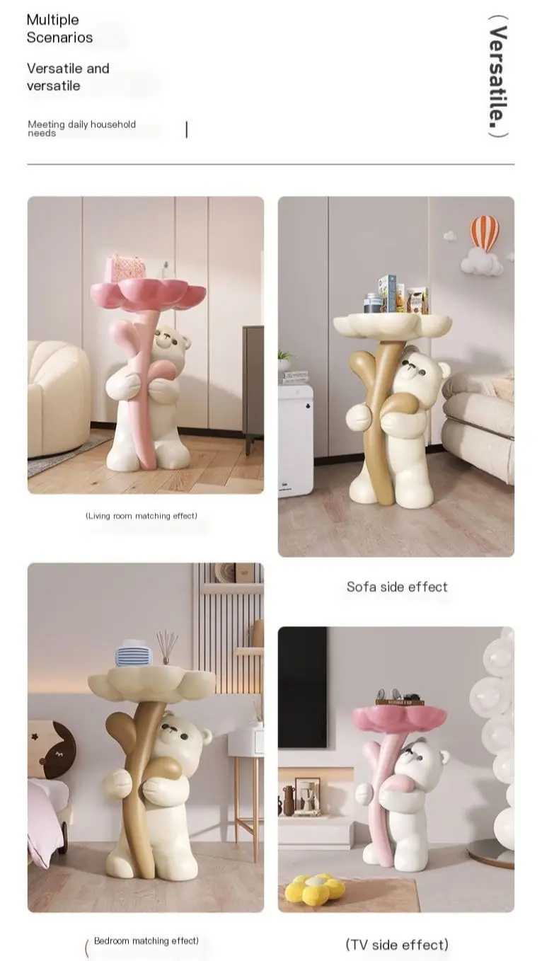 Cute Bear Embracing Flowers And Landing  Side Table Ins Style Living Room Bedroom Table Pink Children\'S Room Decoration Bedsid