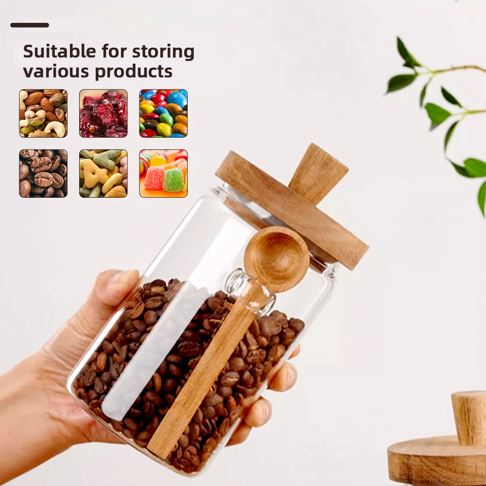 Glass Storage Jar 3-Piece Set Airtight Moisture-Proof Coffee Bean Container Kitchen Spice Storage Includes Wooden Lid and Scoop