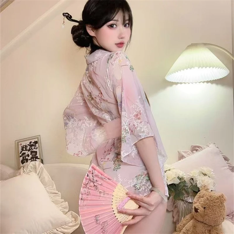 Super Sexy Japanese Kimono Pajamas See Through Hot Lingerie Yukata Bathrobe Homewear Seducing Dance Private Performance Costumes