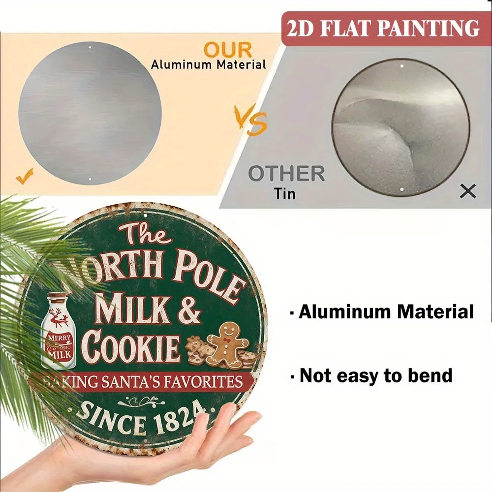 2D Flat - Round Aluminum Sign Featuring 'The North Pole Milk & Cookie Co', Measuring 8X8 Inches, Ideal for Festive Decoration in
