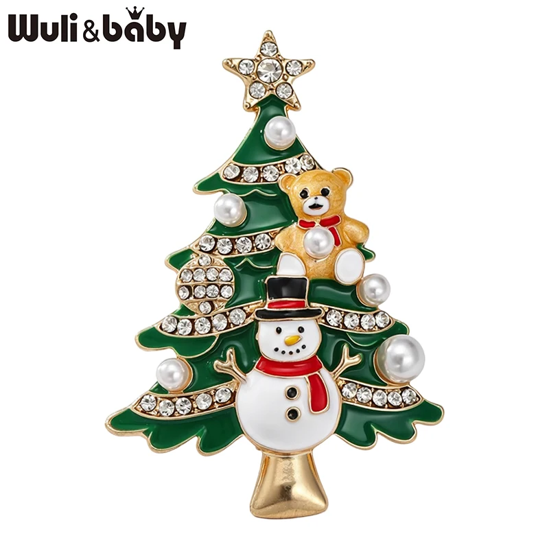 Wuli&baby Schöne Schneemann-Weihnachtsbaum-Broschen für Damen, Unisex, Strass-Emaille-Kiefer-Brosche, Neujahrspflanzen-Pin, Geschenke