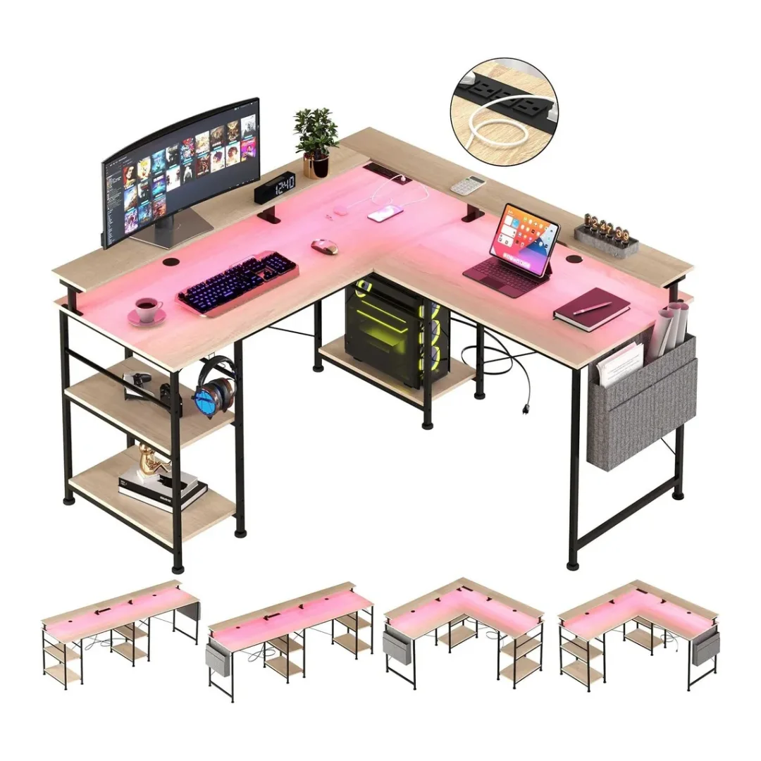 COSY HOMES Desk Corner Desk L-Shaped Computer table Turning plate with socket 140x140x85cm Beige
