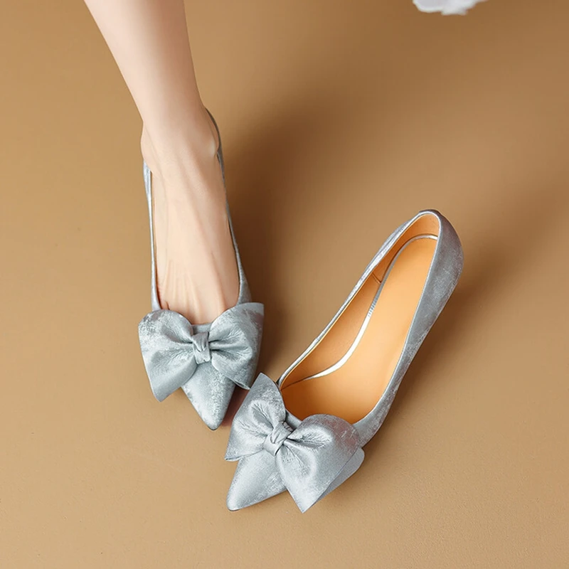 

NEW Spring/Autumn Women Pumps Pointed Toe Thin Heel Shoes Split Leather Shoes for Women Sweet Butterfly-knot Handmade Shoes