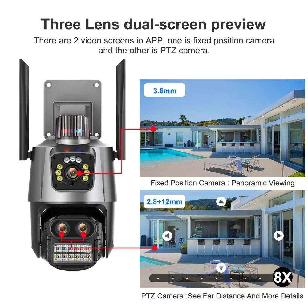 9MP WiFi Camera Outdoor8X Zoom Security Camera 4K Video Surveillance Three Lens Dual Screen PTZ ICsee Alexa NVR Security CCTV