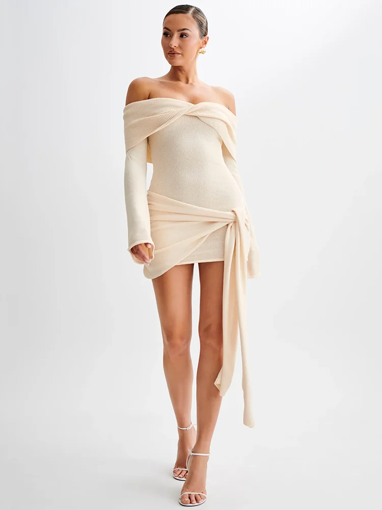 Mozision Off-shoulder Knit Mini Dress For Women Autumn Winter New Strapless Backless Long Sleeve Ruched Draped Knitted Dress