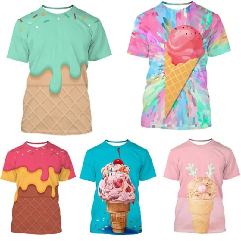 Creative Melting Ice Cream Waffle Cone 3D Printed Short Sleeved Men's and Women's Fun Food Pattern T-shirt Summer Top