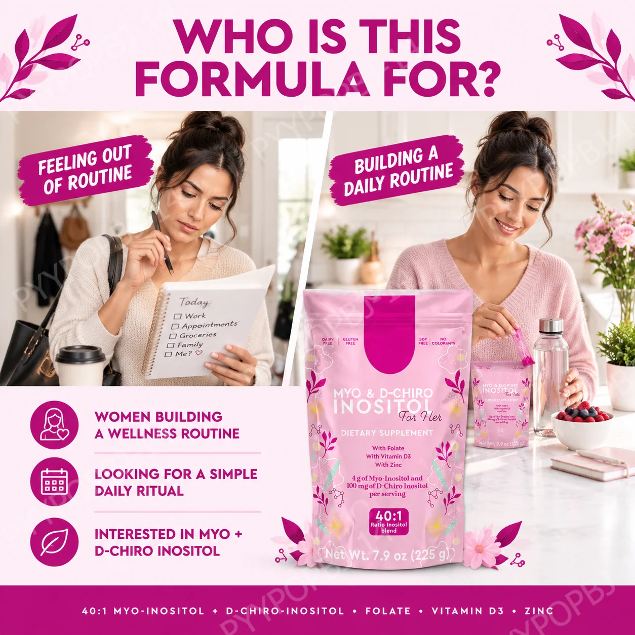 Myo & D-Chiro Inositol Powder for Her, Hormone Balance, Cycle & Ovarian Wellness Support, 40:1 Ratio, Folate D3 Zinc, 225g