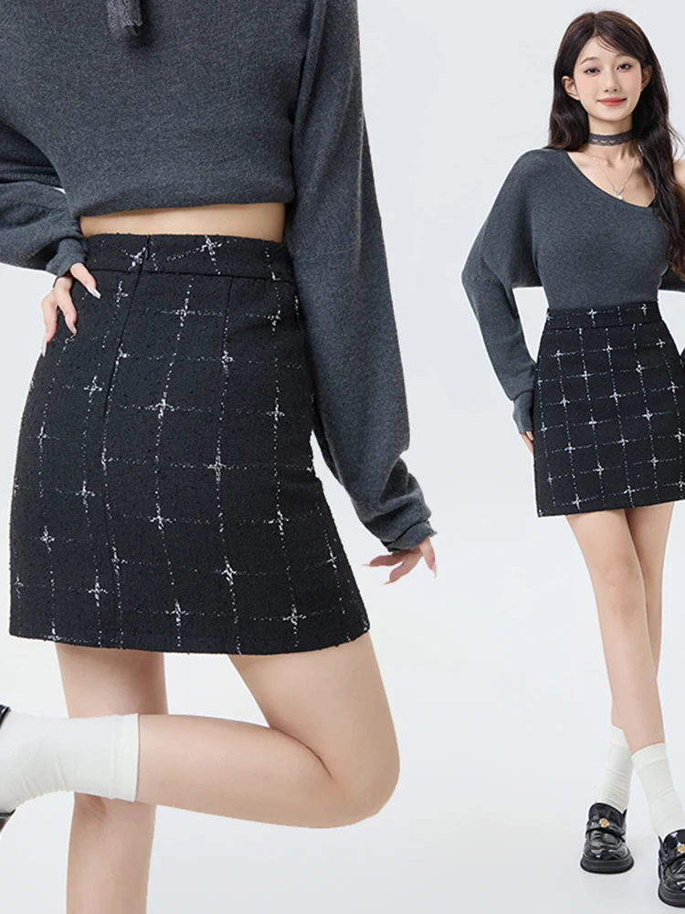 

Клетчатая юбка женская с высокой талией мини-трапеция корейская мода однотонная универсальная юбка-сумка на бедрах осень-зима новинка
