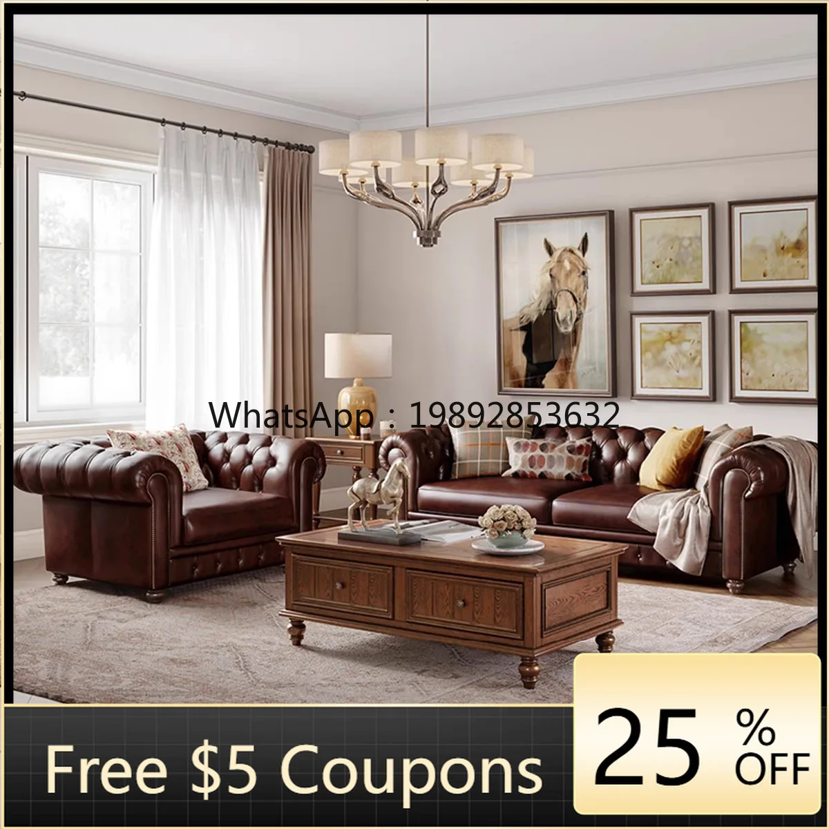 

YFY American Style Solid Wood Genuine Leather Sofa Light Luxury Retro Living Room Single Double