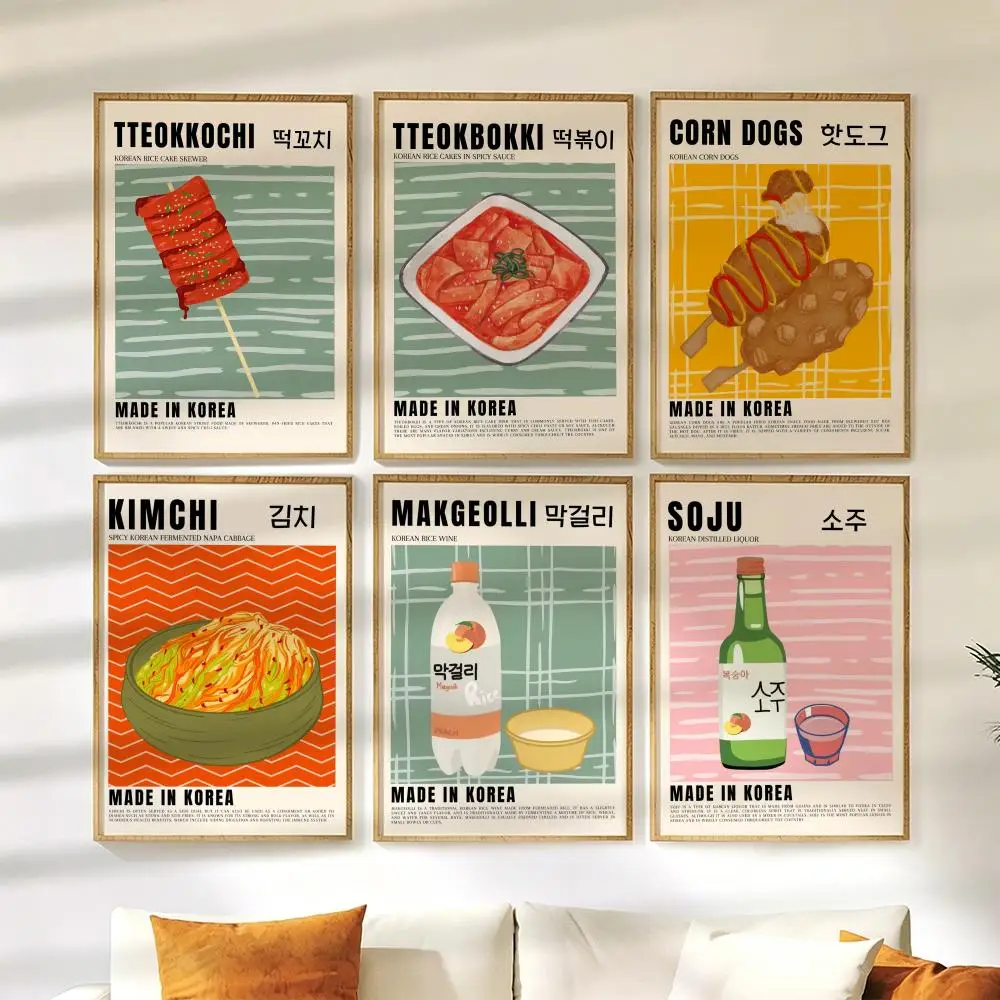 Retro Korean Colorful Food Kimchi Soju Makgeolli Painting Calligraphy Canvas Poster Art for Bedroom Room Home Decor Gift