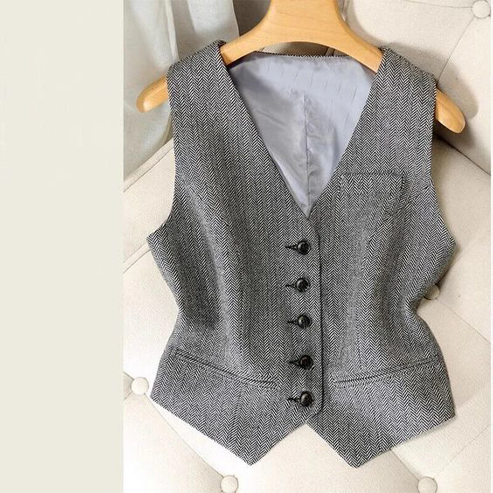 Herringbone Tweed Women\'s Sleeveless Coat V Neck Single Breasted Vest Suit for Women Suit Waistcoat Jackets 2000s Tops Casual