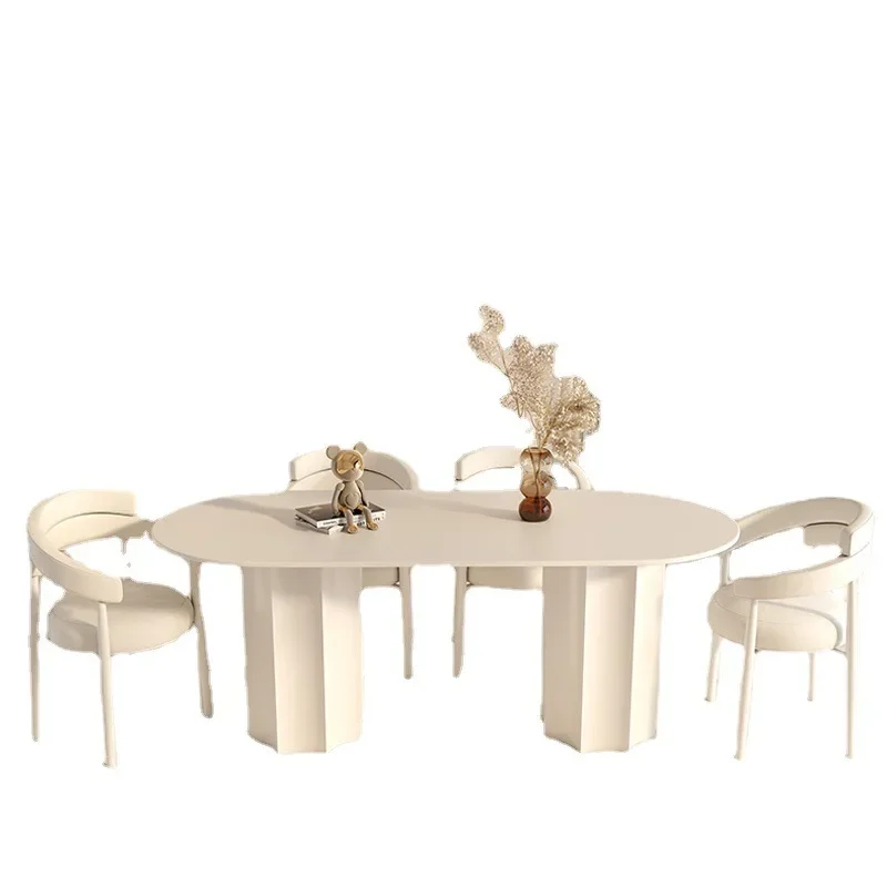 Oval rock panel dining table in cream color, new designer style creative home restaurant dining negotiation table and chair