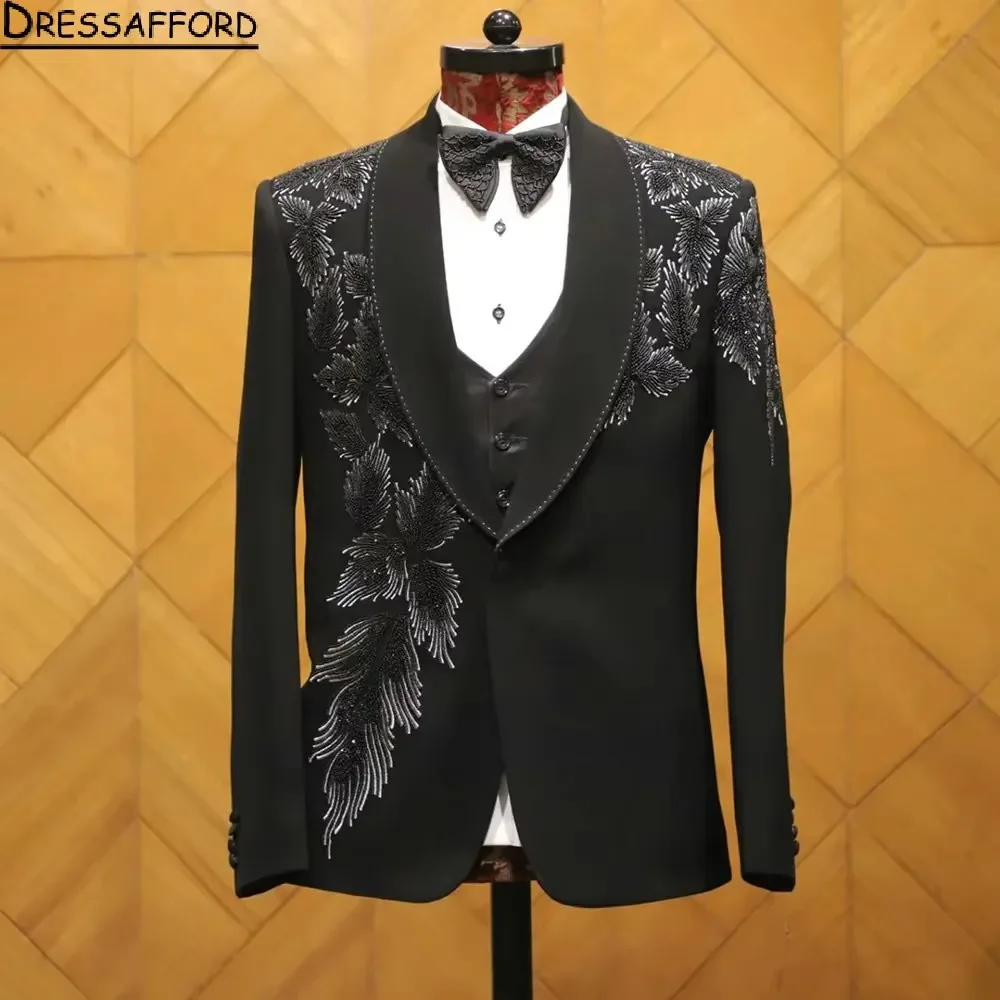 Black Sequined Appliques 2 Pieces Blazer Pants Men Suits Tuxedo High Fashion Wedding Prom Plus Size Custom Made