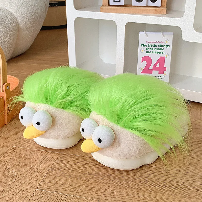 Fluffy Fun DIY Hairy Slippers Women Fuzzy Green Bird Home Shoes Woman Winter Comical Novelty Slipper Wacky Cosplay Slides Shoes