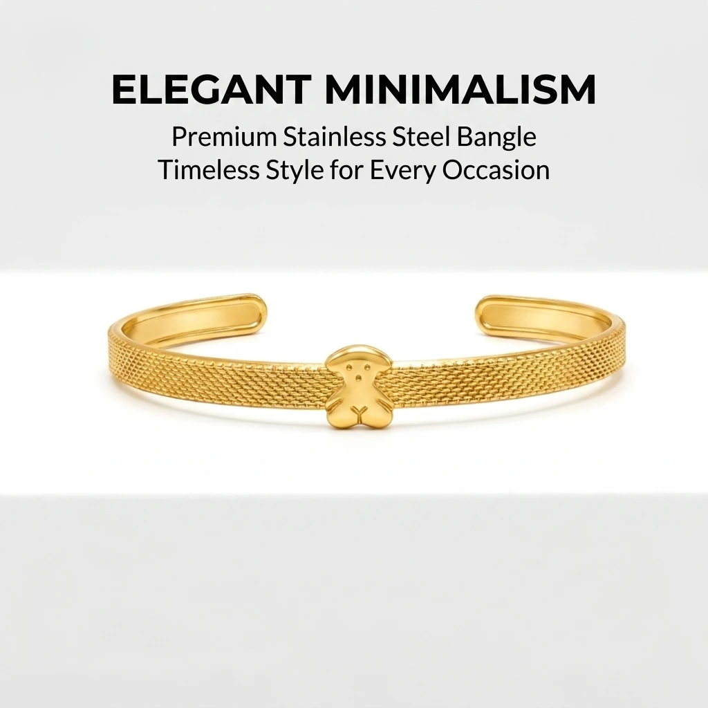 Brazalete Ajustable Color Dorado con Osito, Brazalete de Acero Inoxidable Estilo Bohemio para Mujer, Joyería Minimalista de Moda para Regalo