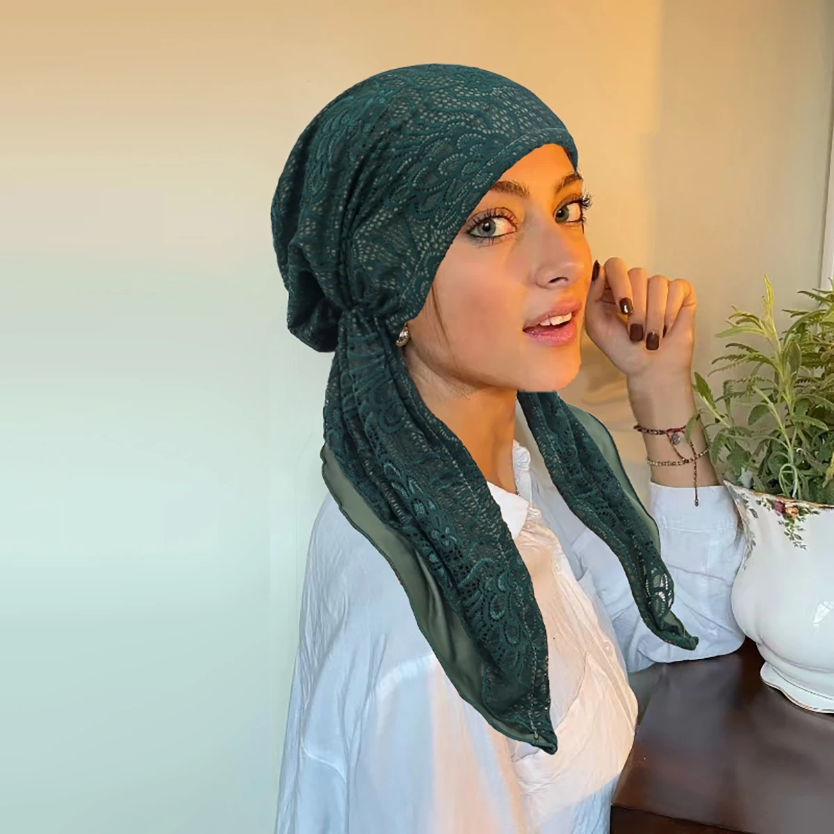 Double-Layer Laceผู้หญิงHijabนุ่มยืดหยุ่นจีบผ้าพันคอหมวกBreathableหมวกผมแฟชั่นTurban Bonnet