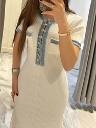 Women's Metal Button Patchwork Denim Knit Long Dresses Elegant Pleated Short Sleeves Bodycon Vestidos 2024 New High Street Robes