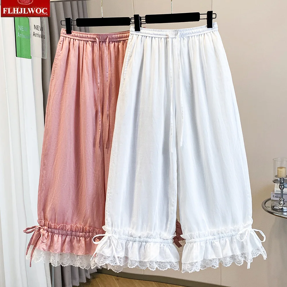 Cotton Linen Bloomers Lolita Style Girls Cute Sweet Japan Sexy Lace Date Princess White Lace Layer Capris Ruffles Lantern Pants