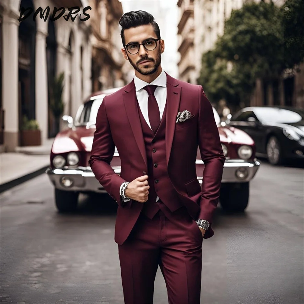 Elegant Notched Lapel Men's Suit Jacket Pants 3PCS Classic Business Men Solid Color Suit Groom Wedding Buckle suit