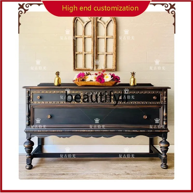 

A32 French Retro Solid Wood Carved Entryway Cabinet Vintage Decorative Cabinet Storage Entryway Cabinet