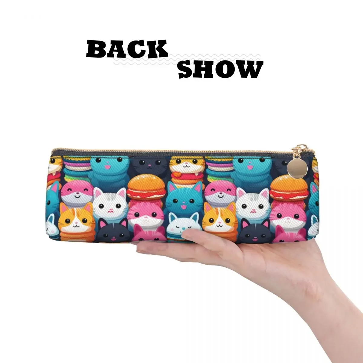 Cat Hamburger Triangle Pencil Case bright cute School Large Capacity Zipper  Box Teenager Kawaii Leather Pen Pouch