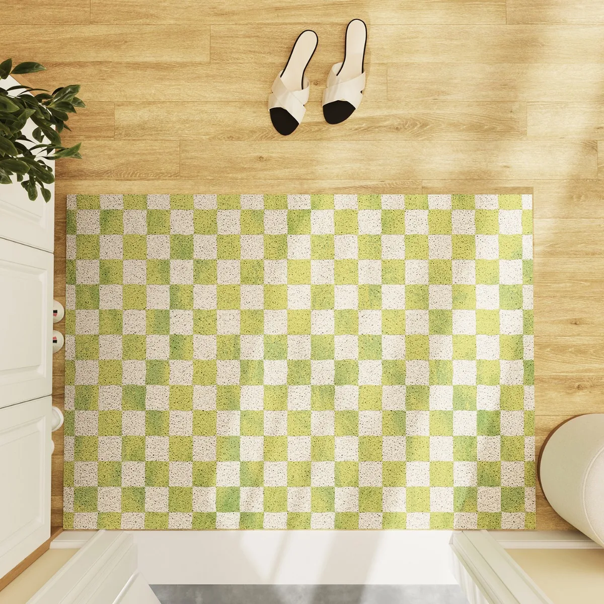 Green Checkered Pattern Entrance Door Mat Rug Absorbs Dirt Door Mat Non-Slip Floor PVC Doormat Cuttable Floor Mat