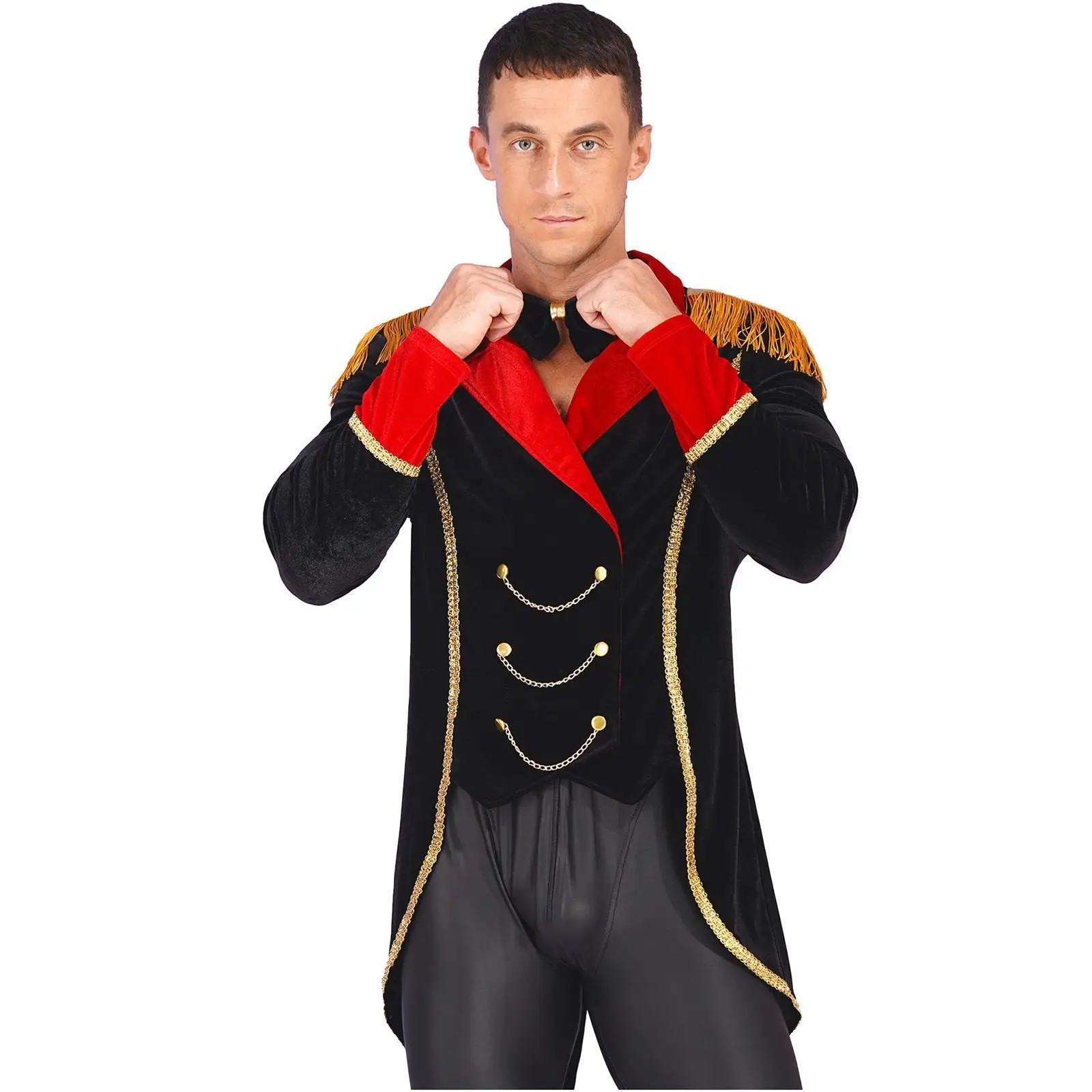 Mens Halloween Circus Ringmaster Cosplay Costume Fringe Velvet Jacket Theme Party Showman Swallow-Tailed Coat Tuxedo Tailcoat