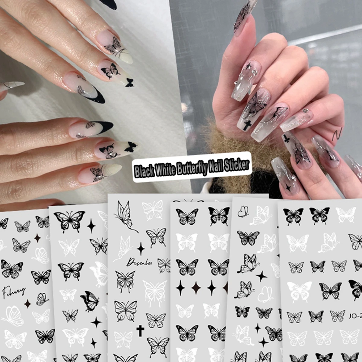 Dark Butterfly Nail Stickers Black White Hollow Butterfly Ins Style Design Nail Art Decoration Decals