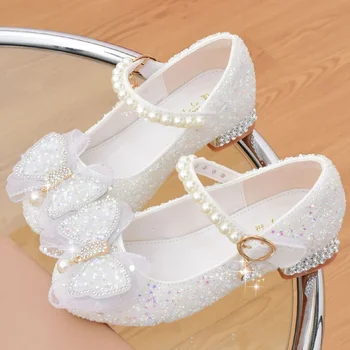 Scarpe eleganti da ragazza glitterate con cerimonia nuziale Festa Scarpe con paillettes bianche Scarpe con tacco per bambini con fiocco Tacchi alti Scarpe da principessa Novità