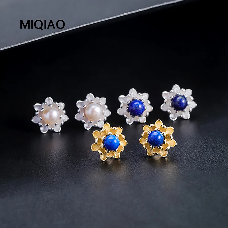 

MIQIAO S925 Silver Lapis Lazuli Stud Earrings For Women Ethnic Style Flower Jewelry Design Ins Tidy Freshwater Pearl Lotus