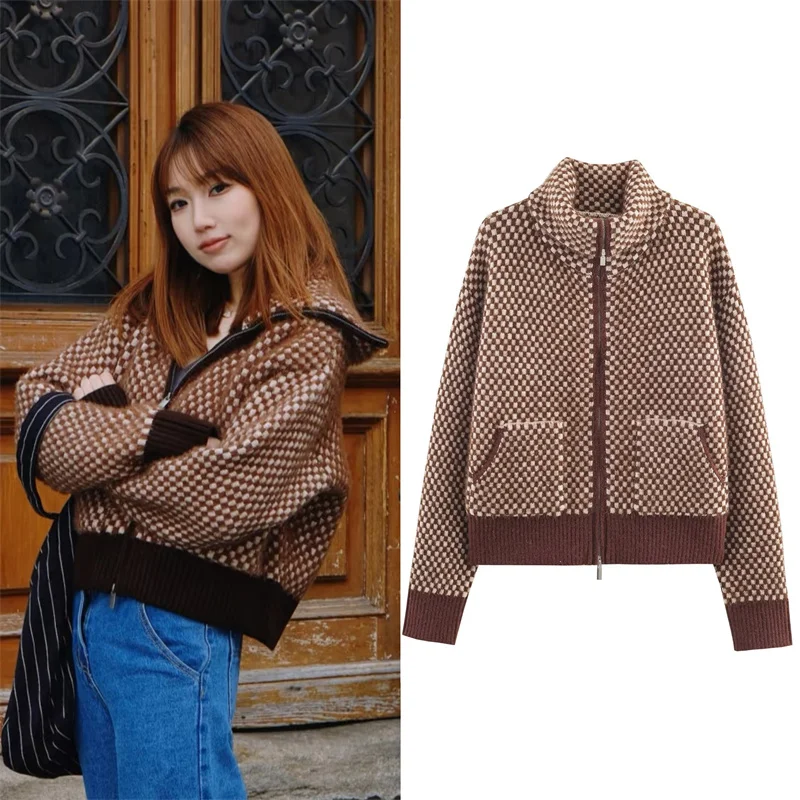 

Женская куртка, осень 2024, новые поступления, красно-коричневый клетчатый кардиган на молнии с длинными рукавами и карманами, модный и стильный