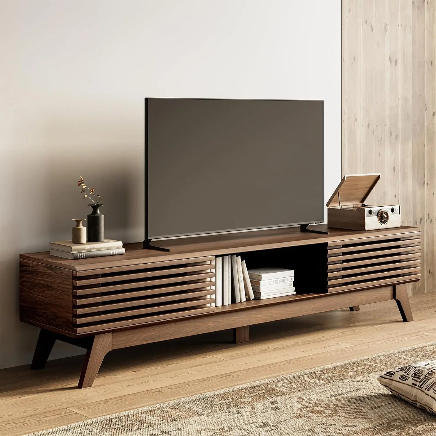 Media Console TV Stand Walnut Fits Screens Up To 75 Inch