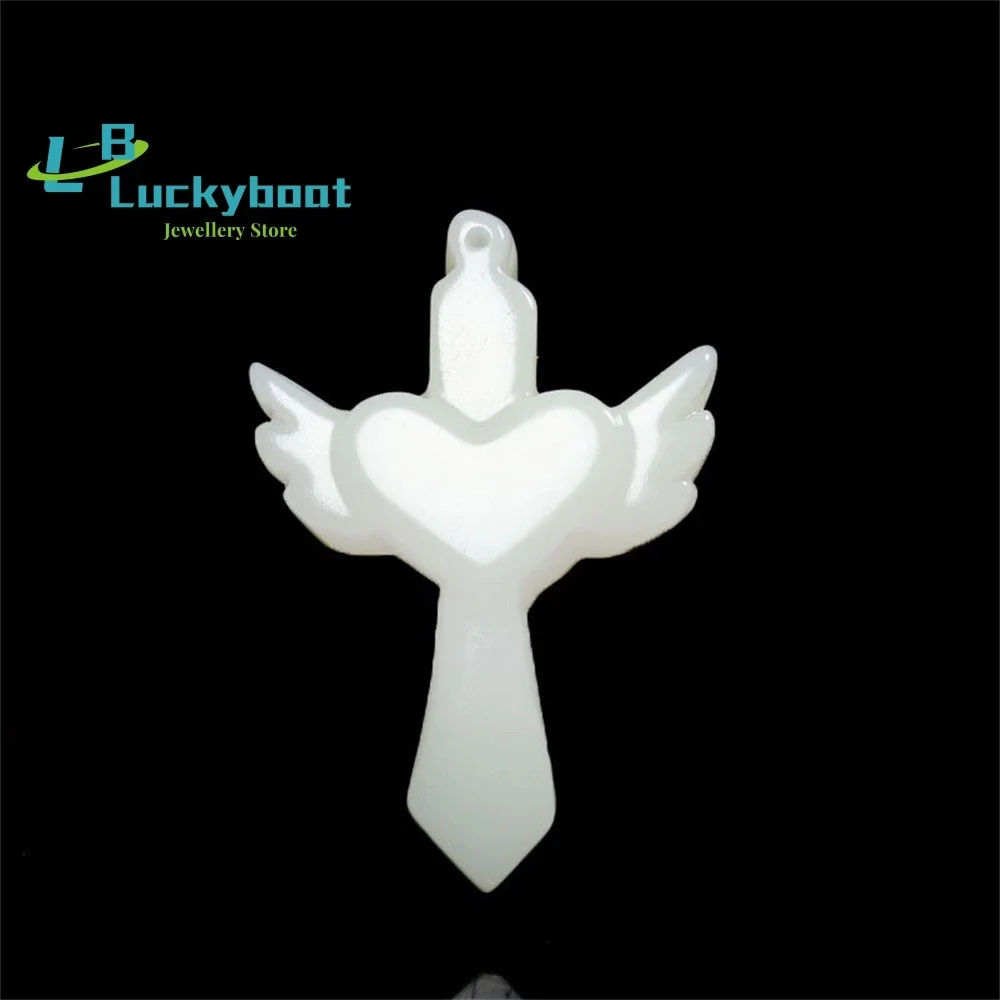 

Натуральный Hetian белый нефрит в форме сердца крест кулон мужское и женское индивидуальное ретро ожерелье с крыльями ангела