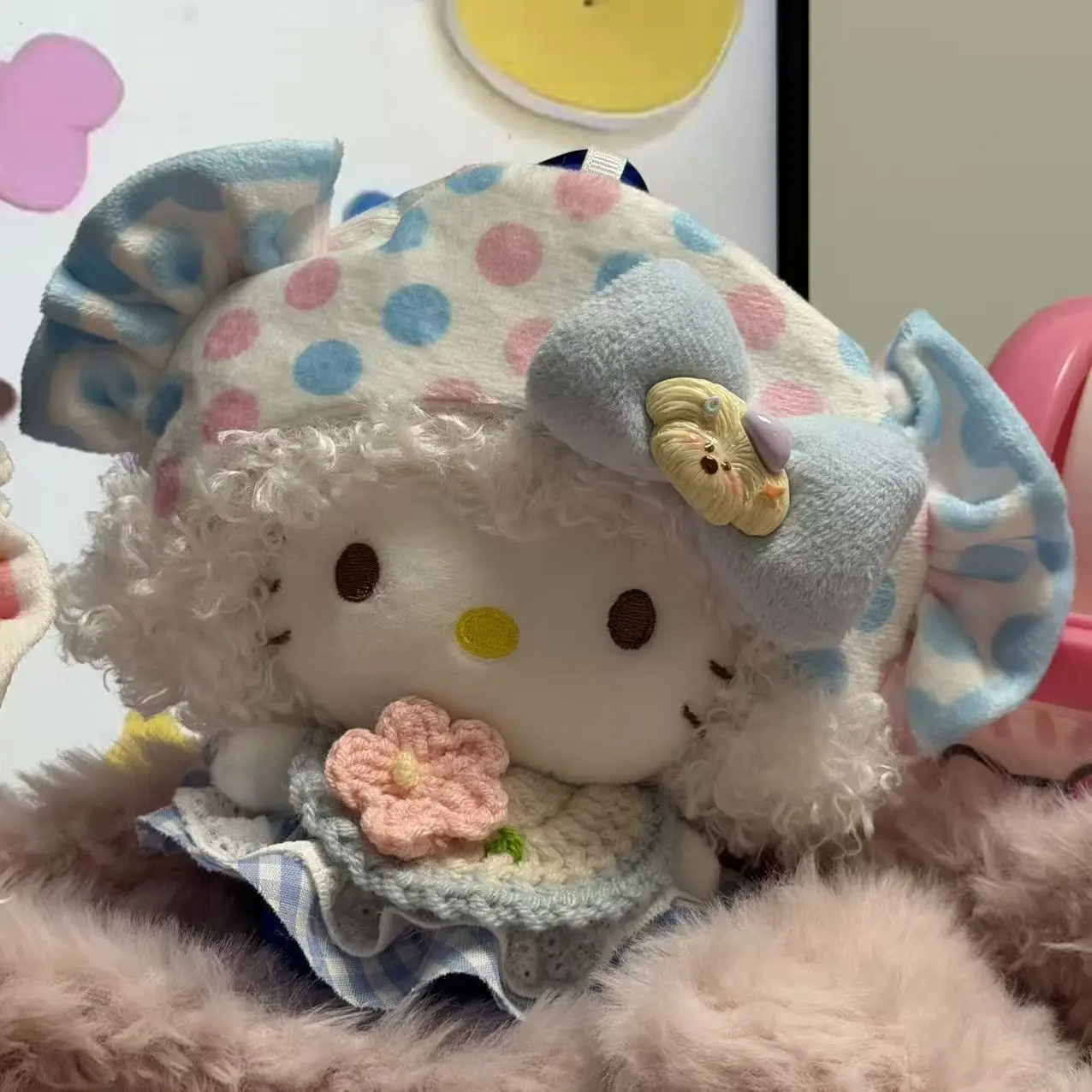 Hello Kitty Plush Keychain Polka Dot Set Animal Hat Knit Clothes Cute Outfit Plush Doll Pendant Perfect for Diy Decor Bag Gifts