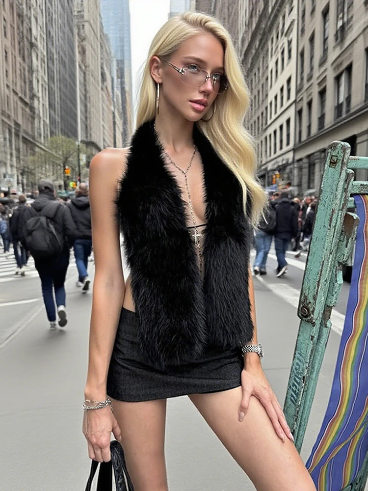 

Weird Puss Sexy Halter Furry Tank Tops Women Backless Lace-Up Solid Hottie Wild Simple Street Midnight Clubwear Midnight Vest