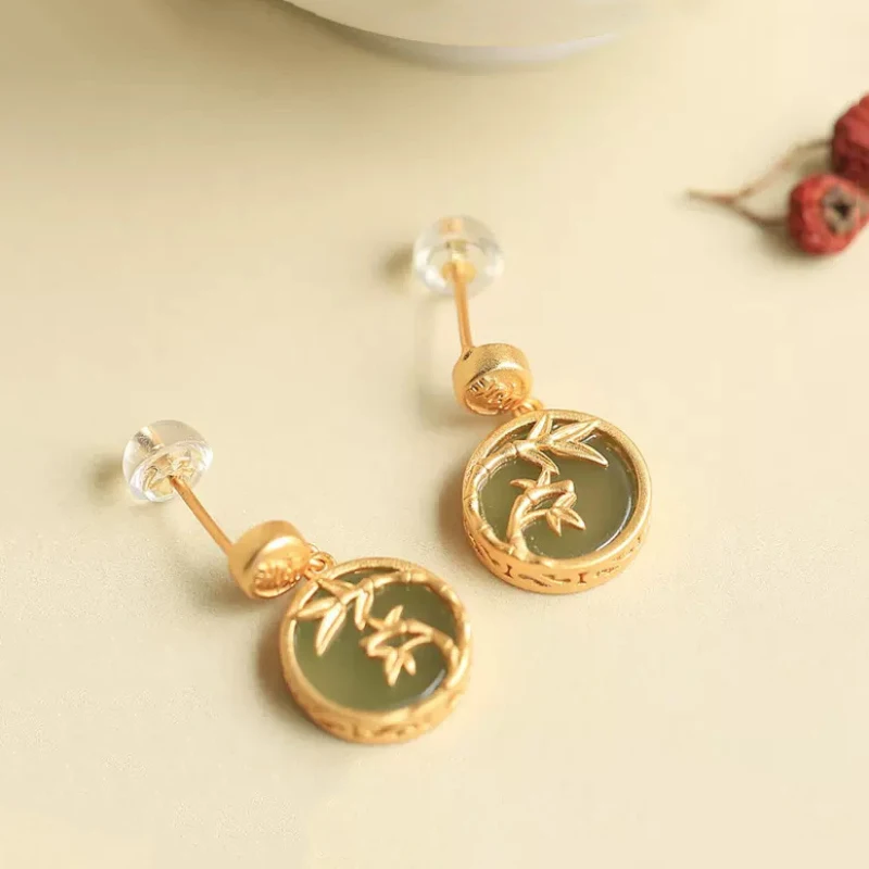 Ancient gold craftsmanship round bamboo shape natural Hetian jade earrings for women new in vintage jewelry Hanfu accessories