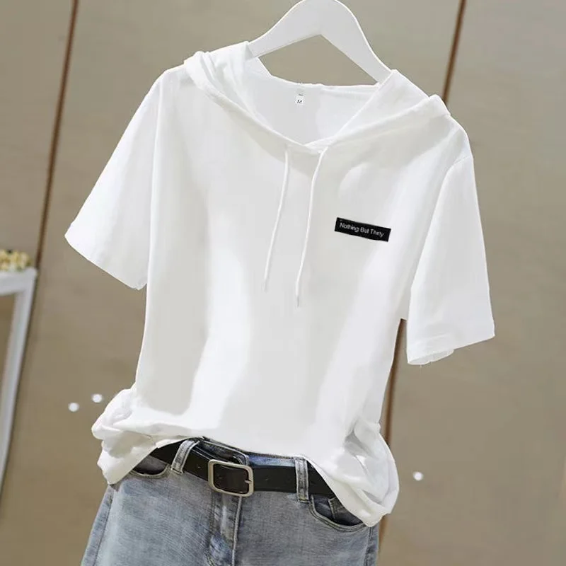 Women\'s 2024 New Summer Solid Color Letter Hood Pullovers Fashion Casual Loose Commuter Versatile Short Sleeve T-shirt Tops