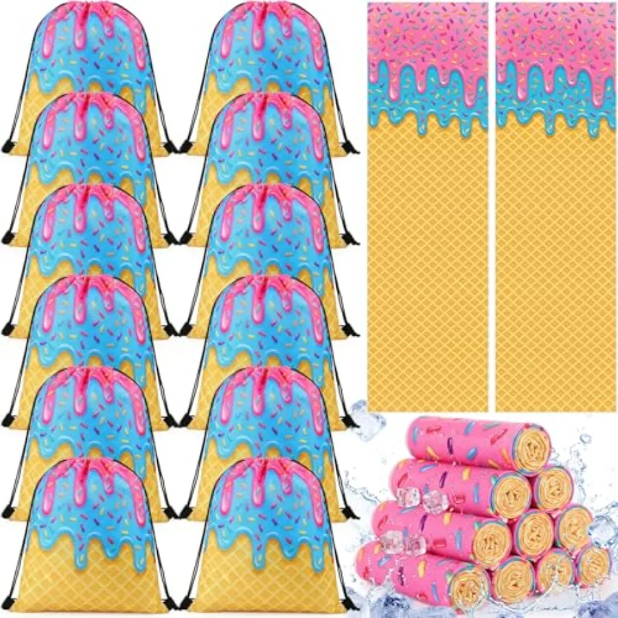 24 Pcs Ice Cream Drip Baseball Party Favors 12 Cooling Towels 12 Drip Drawstring Bags Bulk Sport Gifts for Teams Summer Camping