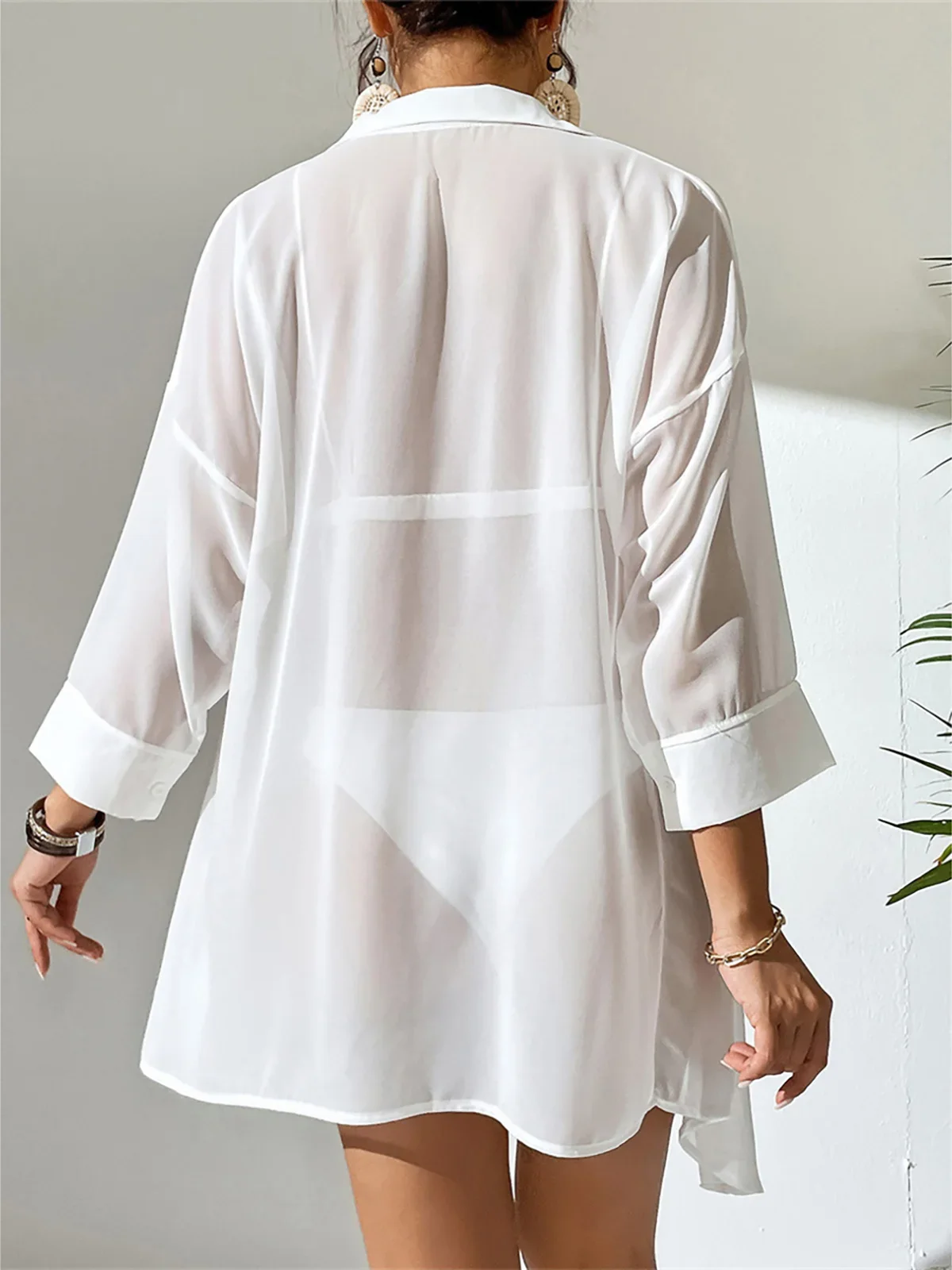 New Summer White Shirt Long Sleeve Top Blouse Tunic Beach Cover Up Cover-ups Beach Dress Beach Wear Beachwear Female Women K4777