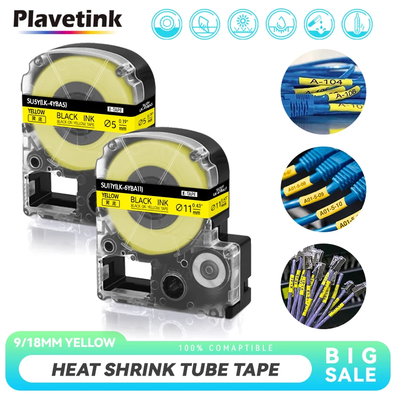 PLAVETINK Yellow Heat Shrink Tube Tape Compatible Epson SU5Y SU11Y Kingjim LA-4YBA5 Heat Shrink Tape Diameter 5mm/11mm for Epson