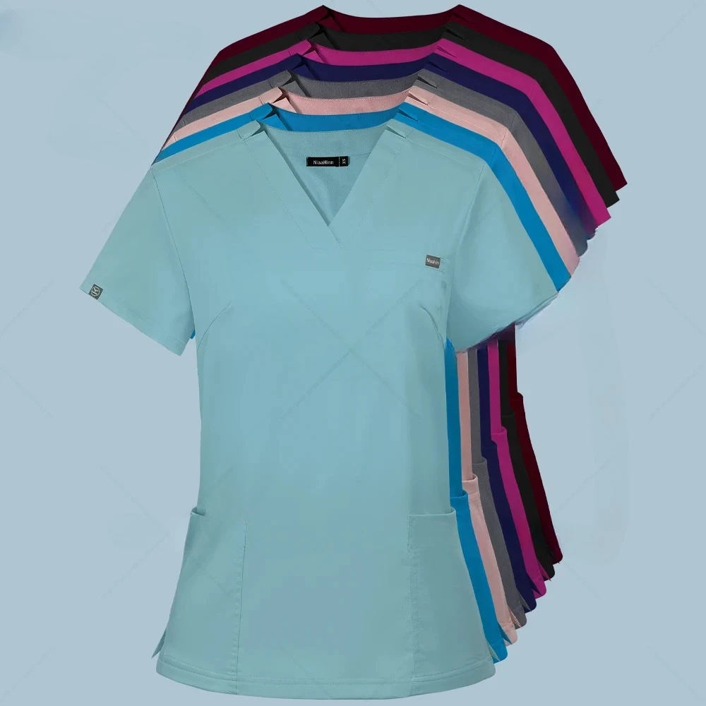 포켓 셔츠 여성 간호사 유니폼 스크럽 탑 여성용 반팔 브이넥 케어 워커 블라우스 간호사 작업복 의료 유니폼 탑