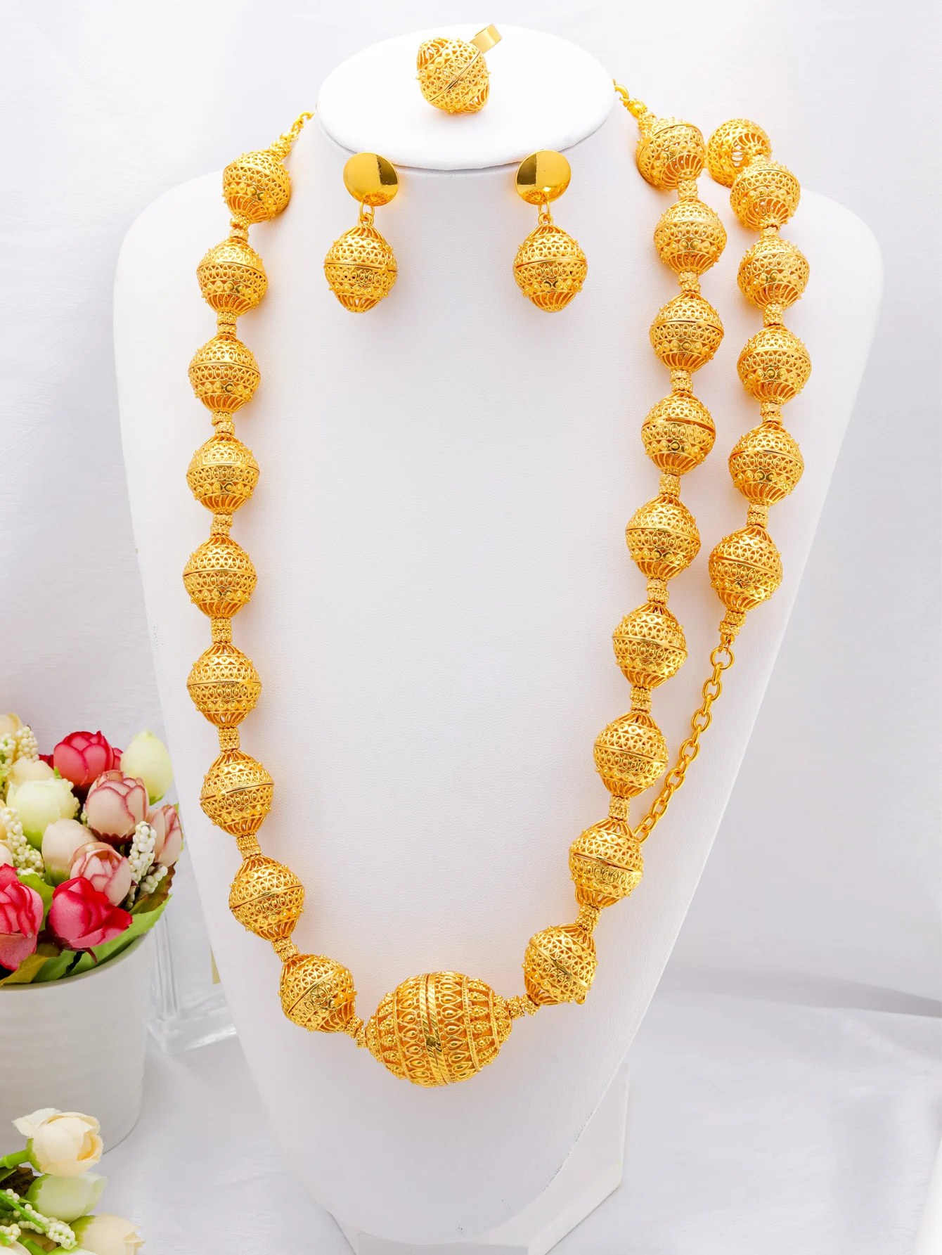 Fashion Dubai 24K Gold Plated Jewelry Sets for Women Bead Design Long Necklace Earrings Bracelet Ring Set Jewelry