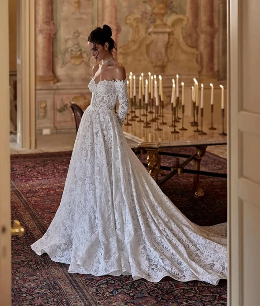 

Customized Graceful Lace A-Line Off the Shoulder Evening Dress Temperament Sweetheart Long Sleeves Floor Length Prom Gowns