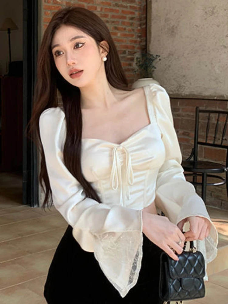 Blouses for Women Lace Patchwork Sweet Flare Sleeve Spring All-match Casual Slim Fit Crop Tops Ulzzang Style Ladies Basic Tender